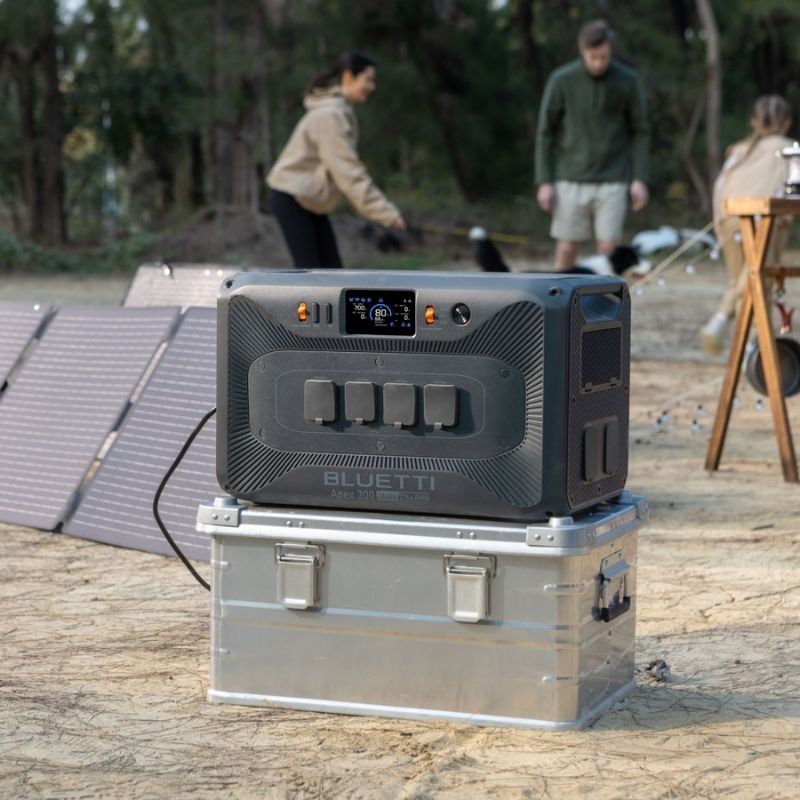 Bluetti Apex 300 charging from solar panels during off-grid camping trip