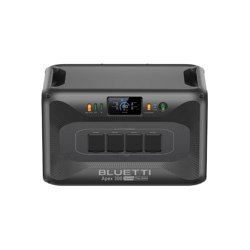 Top-down angle of Bluetti Apex 300 power generator emphasizing robust build