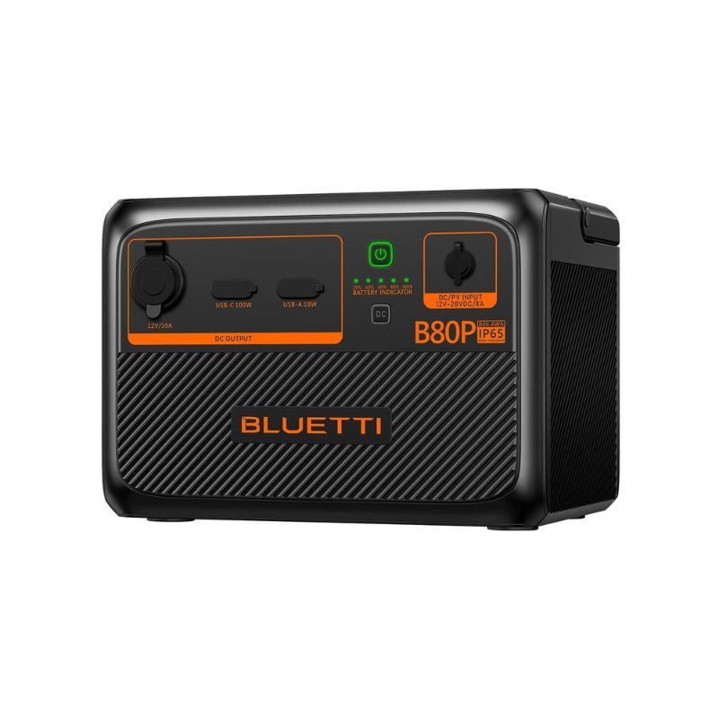 Side view of Bluetti B80P expansion battery showing ports and controls