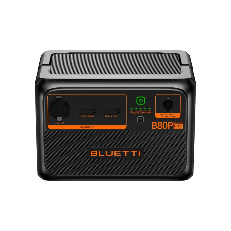 Top angle of Bluetti B80P battery displaying DC outputs and LED indicators