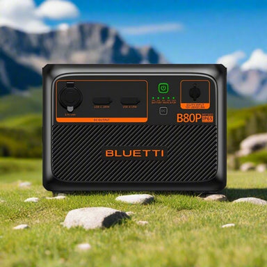 Bluetti B80P expansion battery front panel on grass.