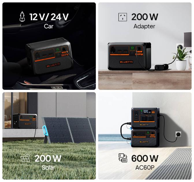 Bluetti B80P expansion battery shown with car, solar, wall, and AC60P charging