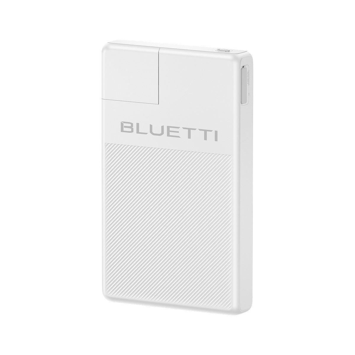Three quarter view of the BlueCell 200 showing its 78mm depth, power button and side expansion port