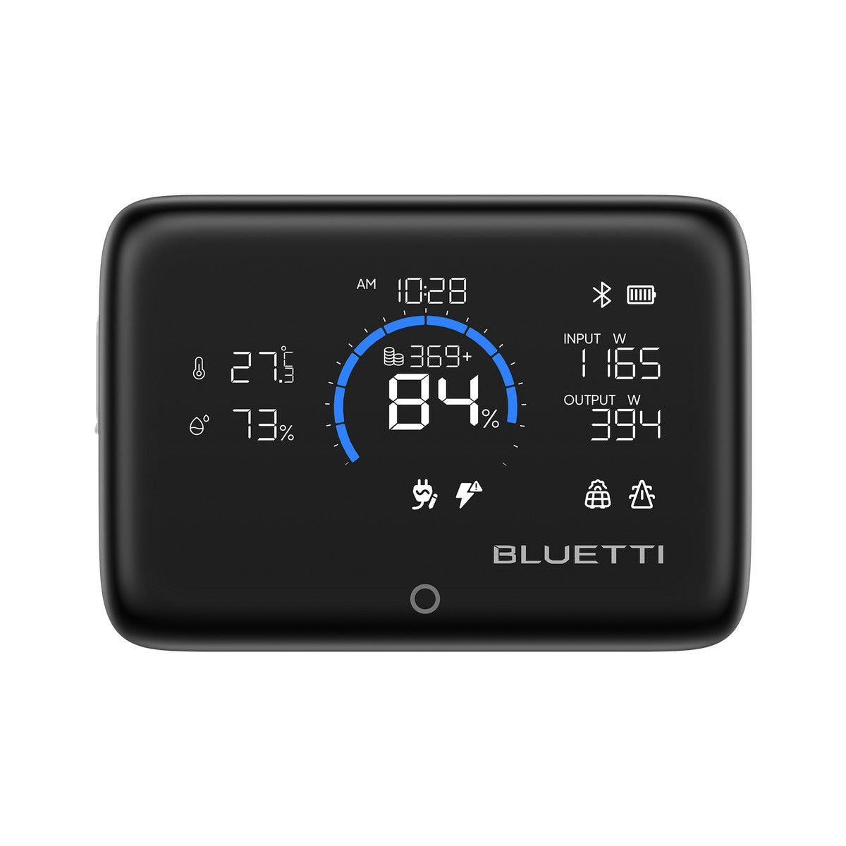 Front of the Bluetti Display 1 LCD showing time, temperature, humidity, charge percentage and power flow