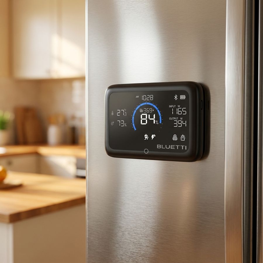 Bluetti Display 1 stuck to a stainless fridge door showing charge, input and output watts