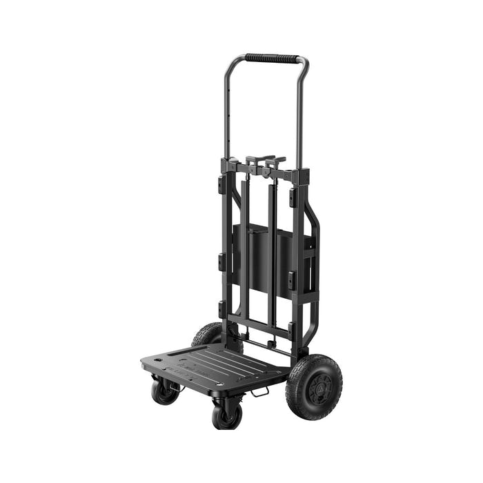 Bluetti Foldable Trolley 2 front three-quarter view showing the clamp arms, handle grip, rear wheels and swivel casters on a white background