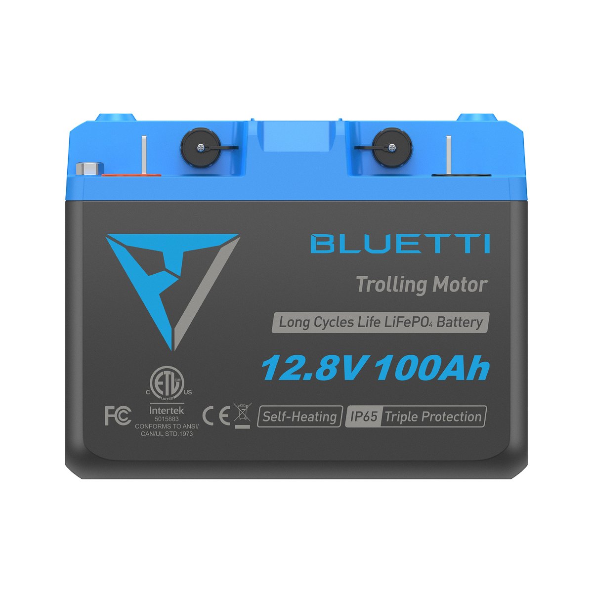 The Bluetti B1210 trolling motor battery showing its 12.8V 100Ah rating and compact upright case