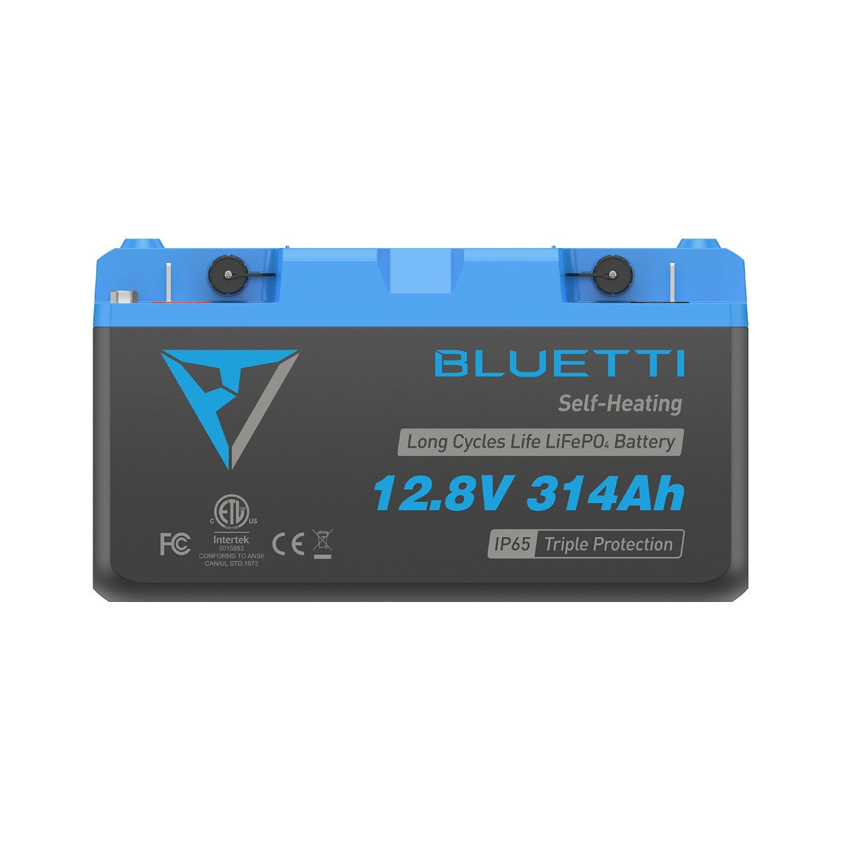 The Bluetti B1232 lithium battery showing its 12.8V 314Ah rating and terminal posts on the top face
