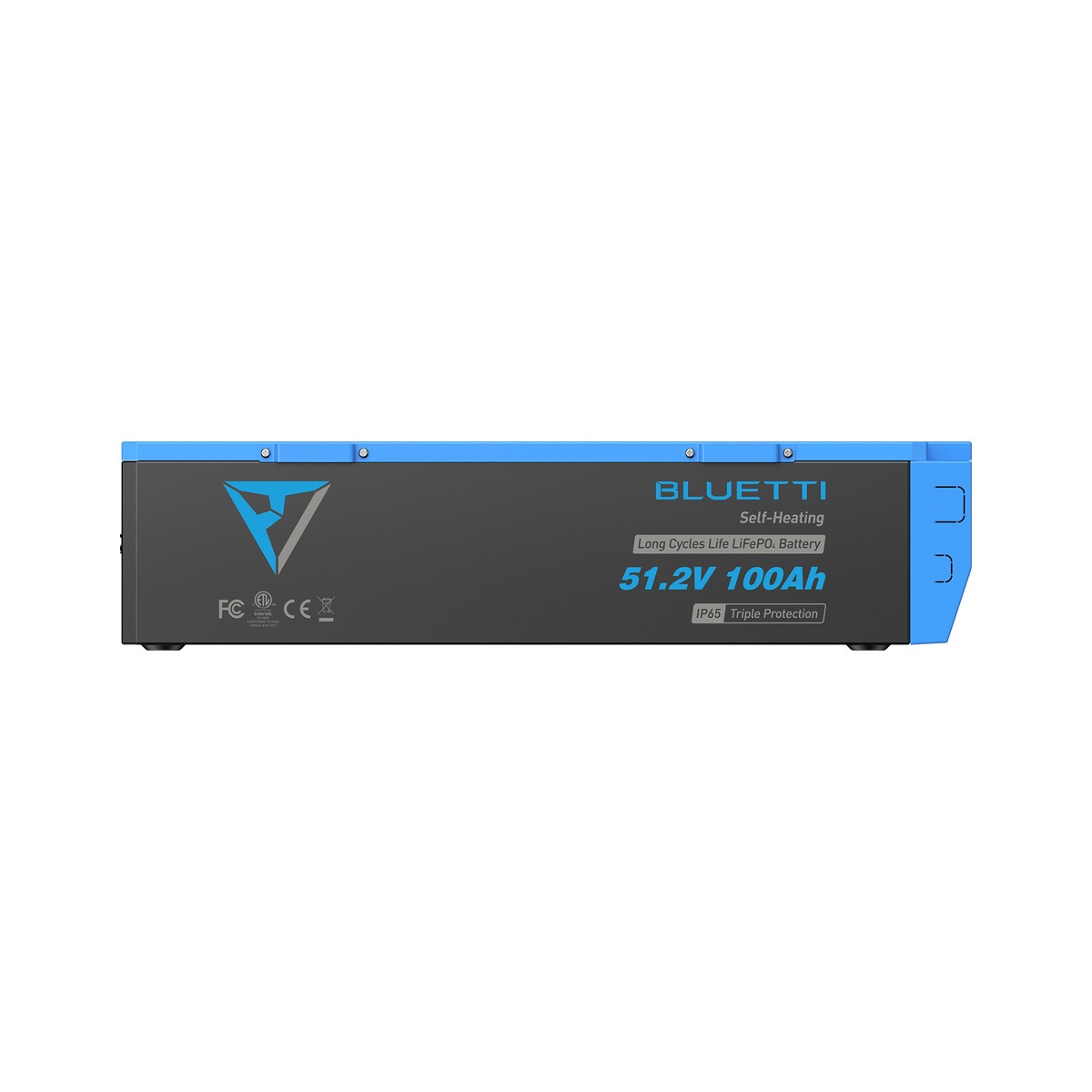 The Bluetti B4810 lithium battery showing its 51.2V 100Ah rating and self-heating label