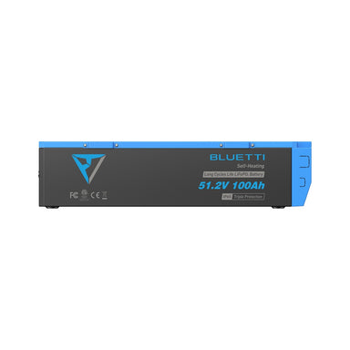The Bluetti B4810 lithium battery showing its 51.2V 100Ah rating, self-heating and IP65 labels