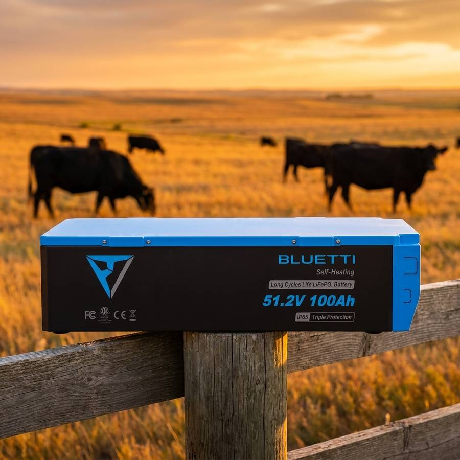 Bluetti B4810 lithium battery resting on a timber fence rail with cattle grazing in golden grassland behind