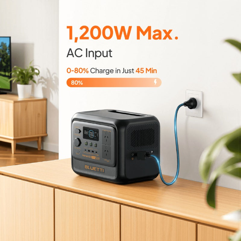 Bluetti Premium 100 V2 charging indoors showing 1,200W max AC input at 80% in 45 minutes.