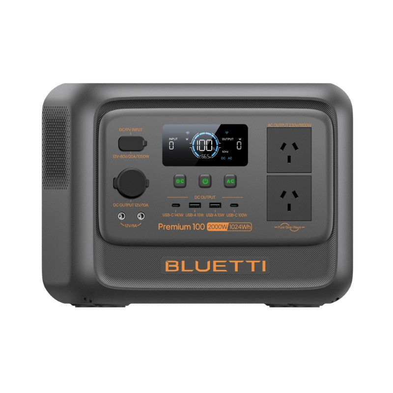 Bluetti Premium 100 V2 front panel showing ports, display, and dual AC outlets.