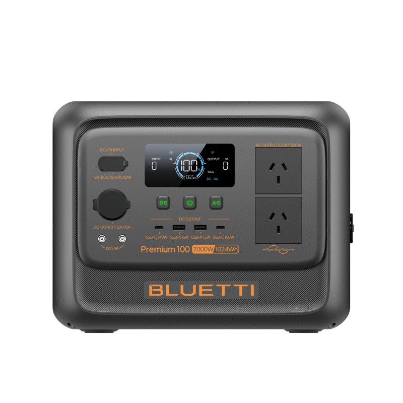 Bluetti Premium 100 V2 front-facing image highlighting 2000W output and 1024Wh capacity.