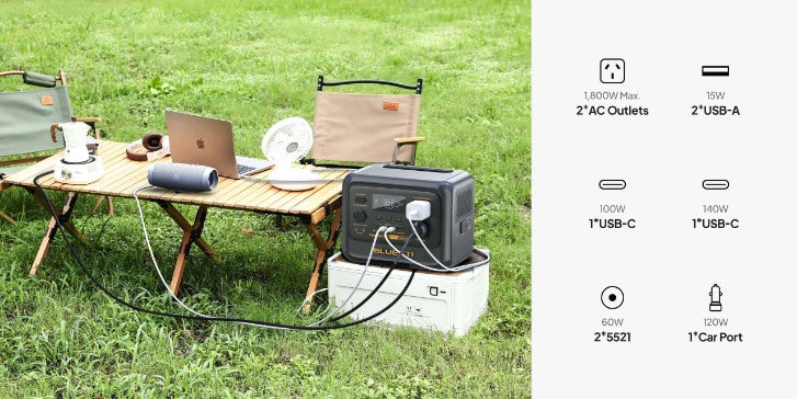 Bluetti Premium 100 V2 power station running multiple devices outdoors with detailed port layout.