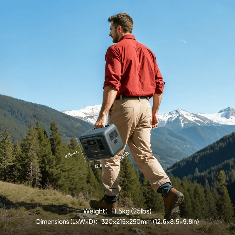 Man carrying Bluetti Premium 100 V2 power station outdoors showing 11.5kg weight and dimensions.