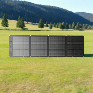 Bluetti PV200D solar panel fully unfolded on grass.