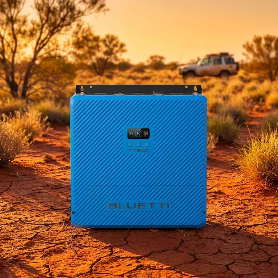 Bluetti RV5 power hub standing on cracked red outback earth at golden hour, a dusty 4WD blurred in the distance