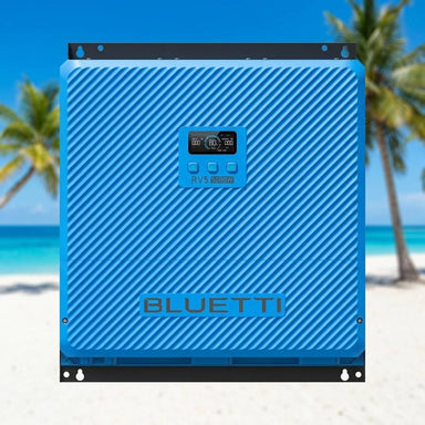 Bluetti RV5 power hub on white sand with turquoise water and palm trees behind it on a tropical Queensland beach