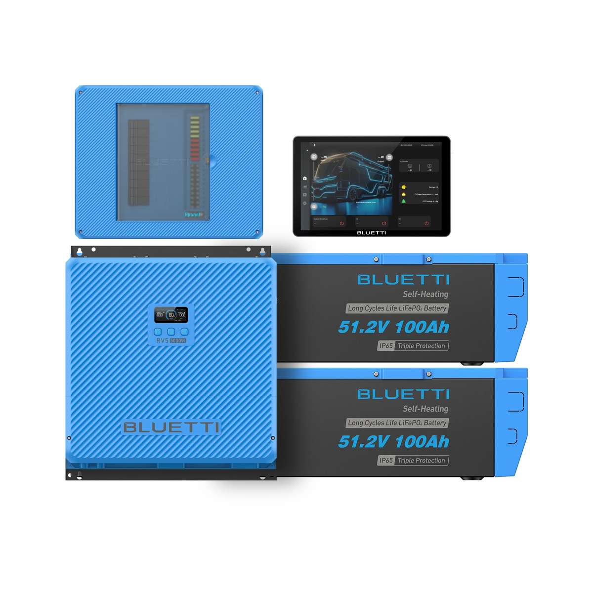 Everything included in the twin-battery Bluetti RV5 system: the RV5 power hub, two B4810 lithium batteries, the Epanel distribution panel and the Epad touchscreen