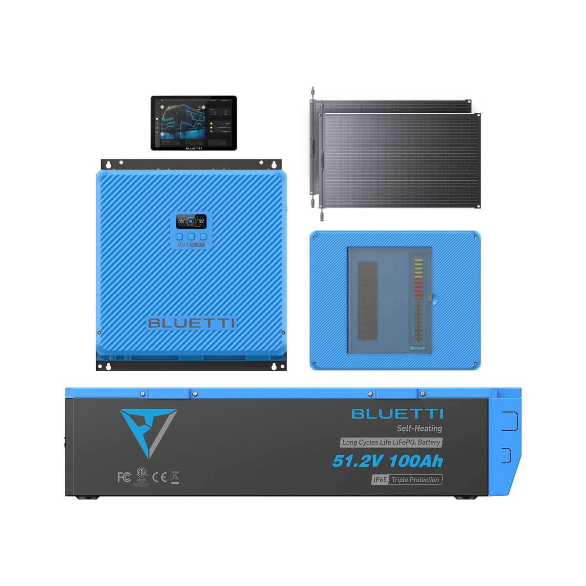 Everything included in the solar Bluetti RV5 system: the RV5 power hub, a B4810 lithium battery, the Epanel distribution panel, the Epad touchscreen and a 200W folding solar panel