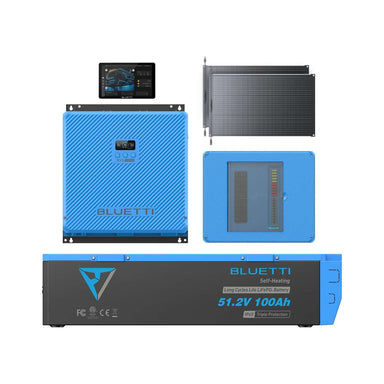 Everything included in the solar Bluetti RV5 system: the RV5 power hub, a B4810 lithium battery, the Epanel distribution panel, the Epad touchscreen and a 200W folding solar panel