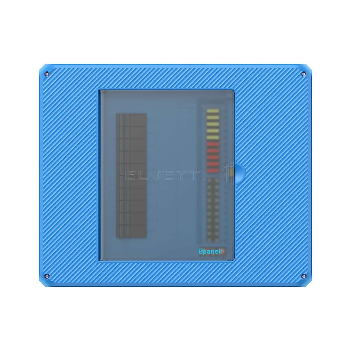 The Bluetti Epanel smart distribution panel with its row of circuit breakers behind a clear cover
