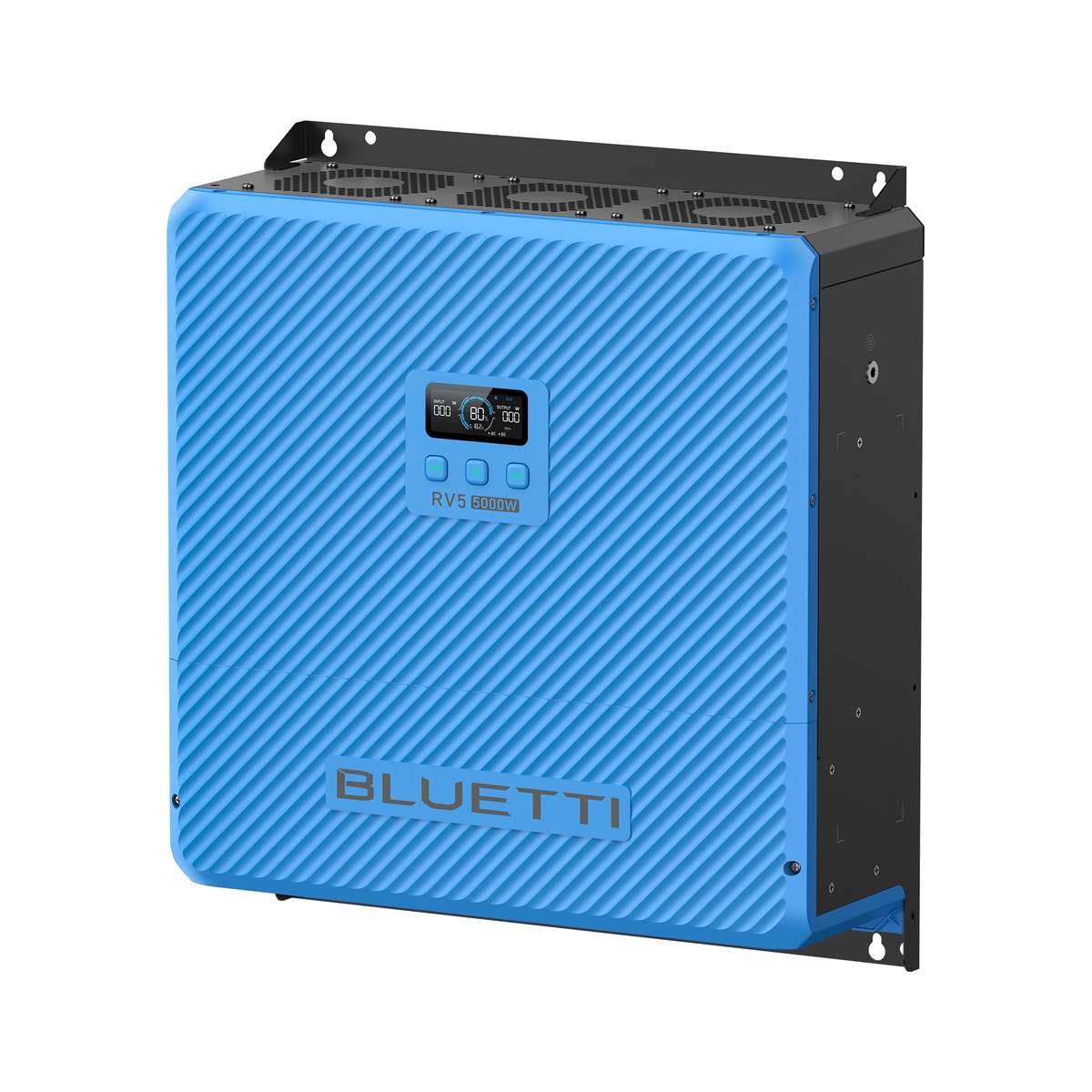 Angled view of the Bluetti RV5 showing the cooling fans along the top edge and the wall-mounting brackets