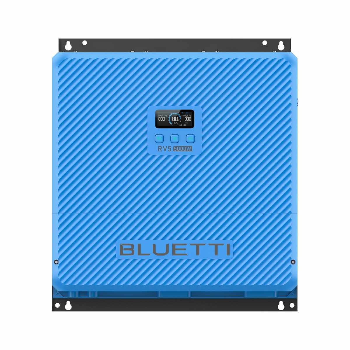 Front view of the Bluetti RV5 power hub showing the status display and control buttons on the blue carbon-look face