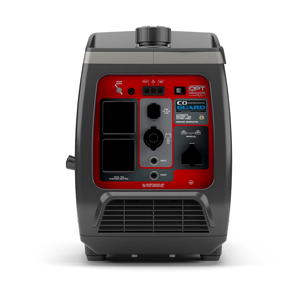Briggs & Stratton P2500 inverter generator panel showing outlets and controls