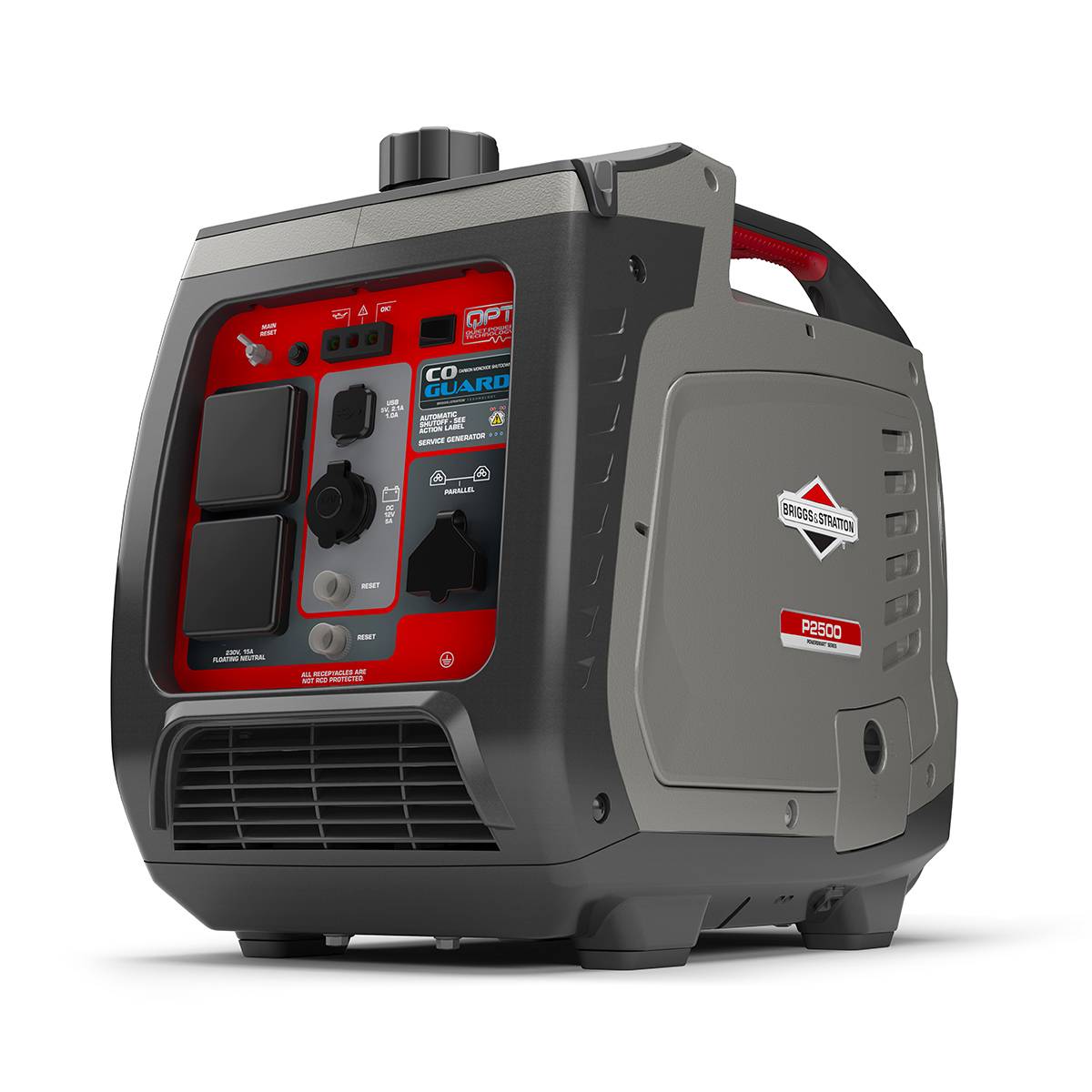 Briggs & Stratton P2500 portable inverter generator angled view showing carry handle