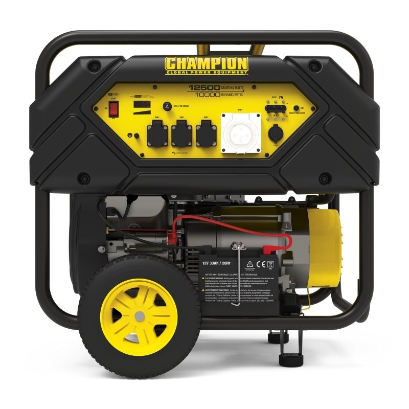 Champion 12500W generator control panel outlets electric start switches close up yellow