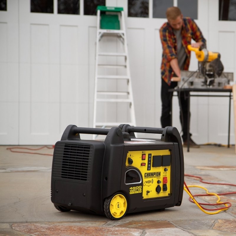 Champion 4500W inverter generator jobsite portable construction worker using power tool