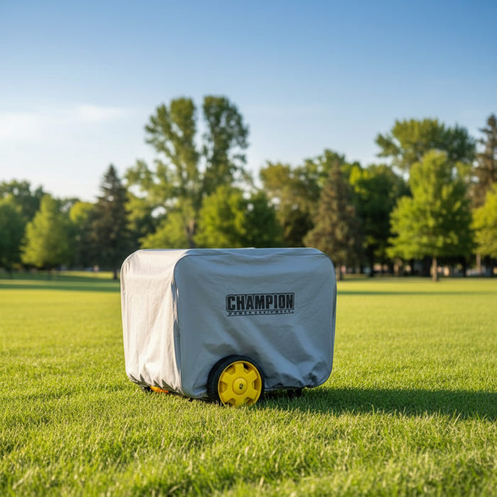 Champion large 12500W generator gray weatherproof protective storage cover on wheels