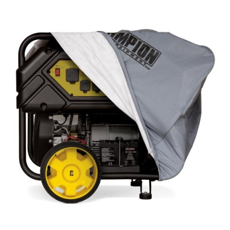 Champion portable generator partially uncovered showing control panel battery and engine