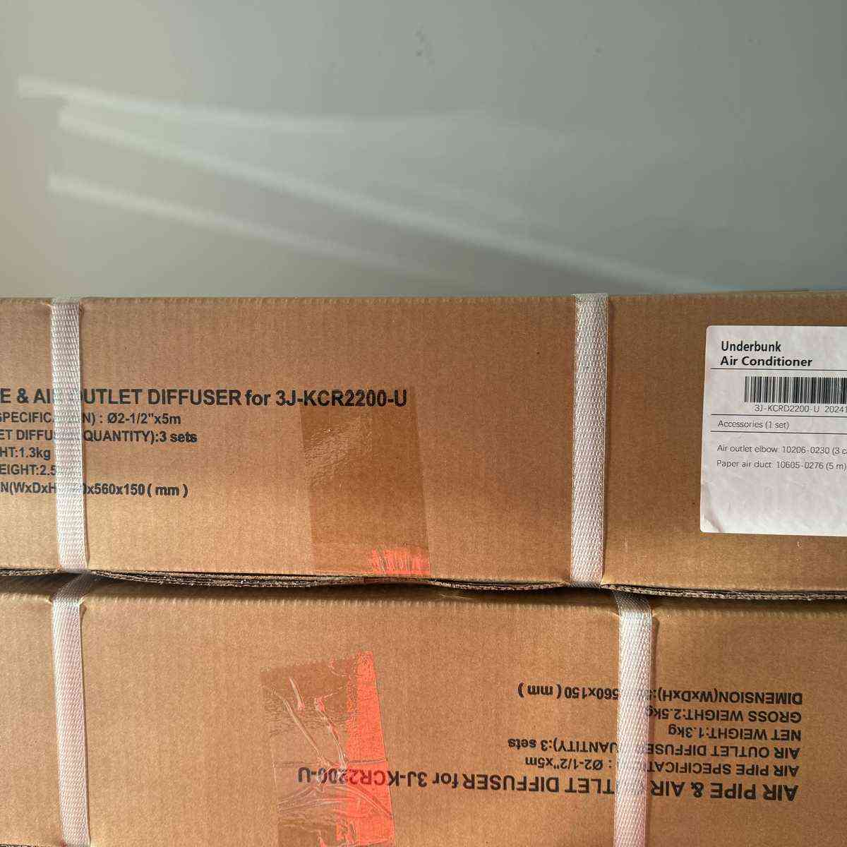Cool-J ducting kit box label showing compatibility with the 3J-KCR2200-U underbunk air conditioner