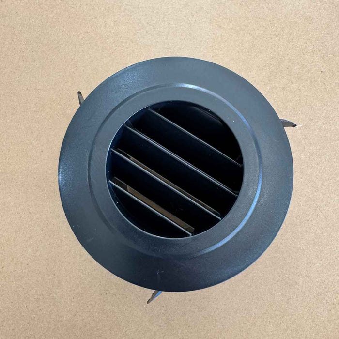 Black round air outlet vent from the Cool-J ducting kit, front view