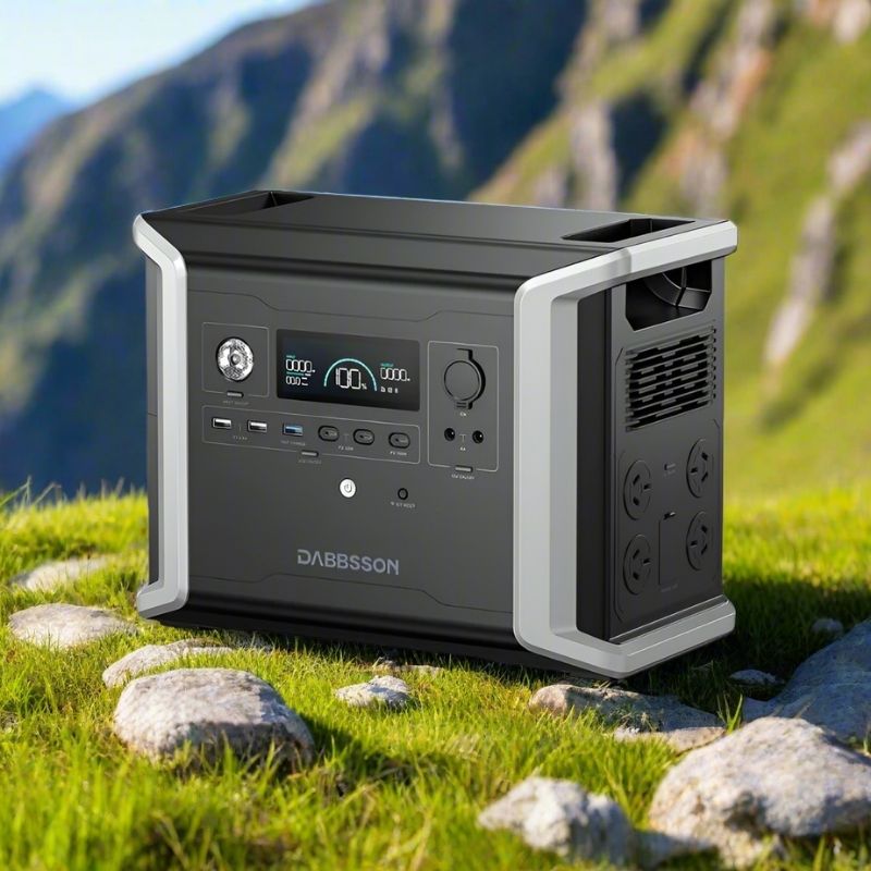 Dabbsson DBS1300 portable power station on grass with mountains in background
