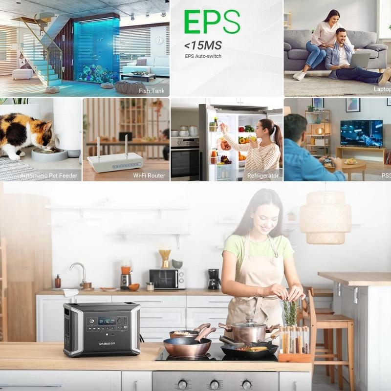 Dabbsson DBS2300 power station providing emergency power for kitchen, fridge, and entertainment devices