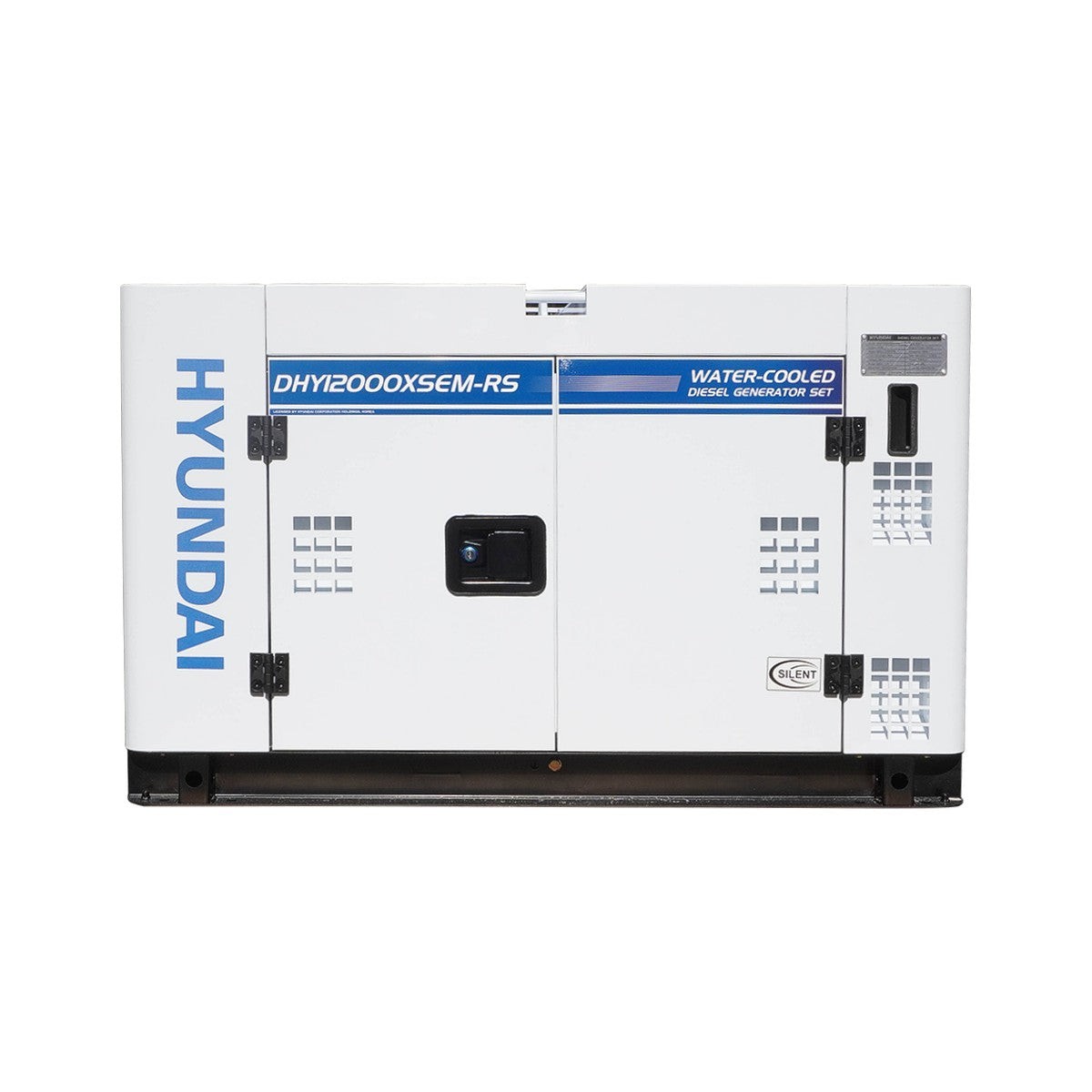 Front view of the Hyundai DHY12000XSEM-RS water-cooled diesel generator showing the silenced canopy, control panel door and branded side panel
