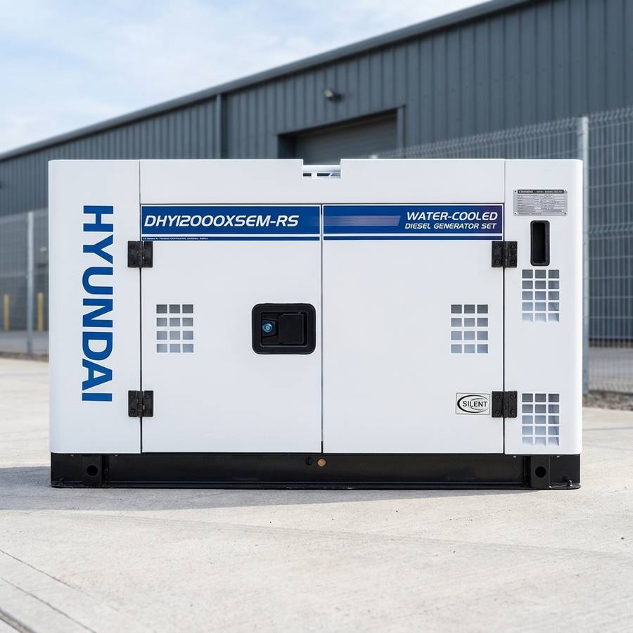 Hyundai DHY12000XSEM-RS 10kVA water-cooled diesel generator installed on a concrete pad outside a commercial facility