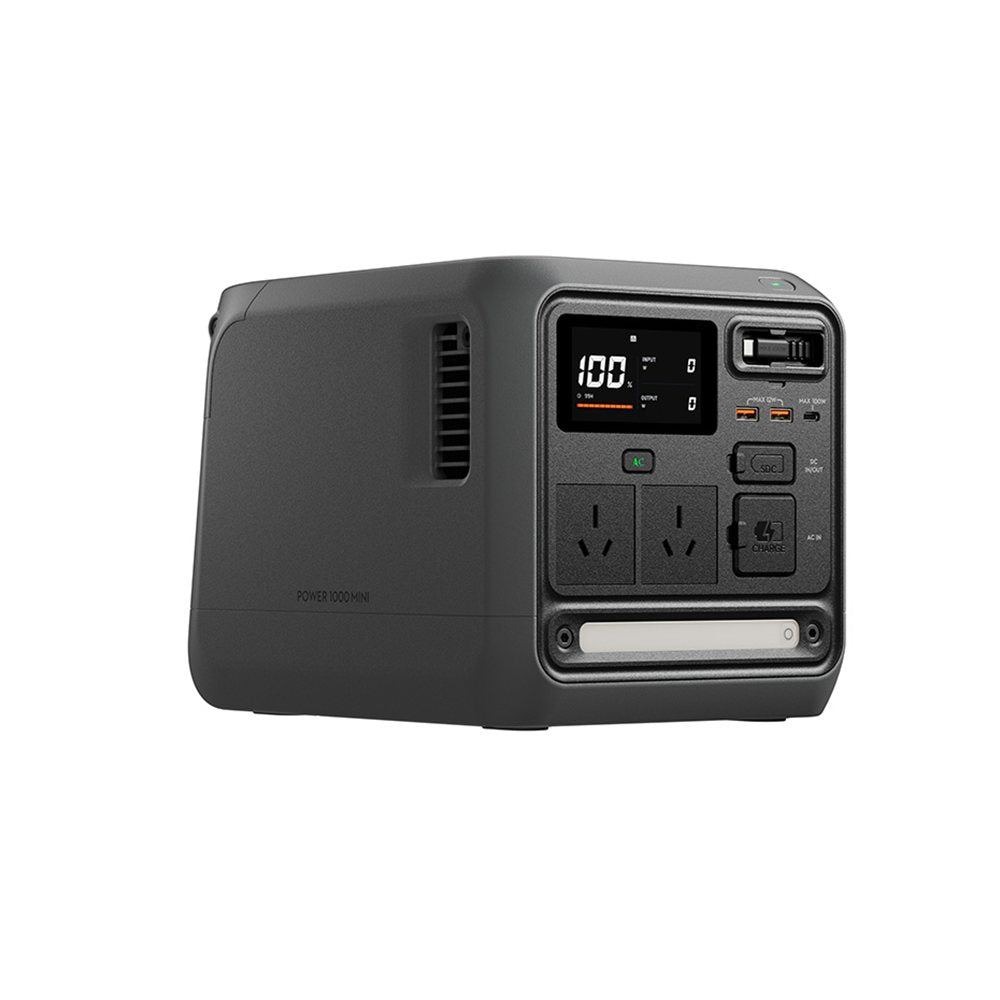 DJI Power 1000 Mini portable power station front angle showing two Australian AC outlets, colour display and USB ports