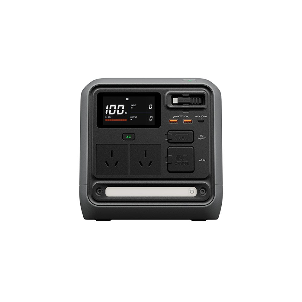 Front view of the DJI Power 1000 Mini with two AU wall sockets, USB-A, USB-C and retractable cable