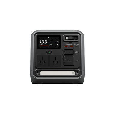 Front view of the DJI Power 1000 Mini with two AU wall sockets, USB-A, USB-C and retractable cable