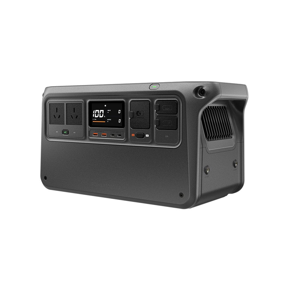 DJI Power 1000 V2 angled view showing the control panel, ports and side cooling vent