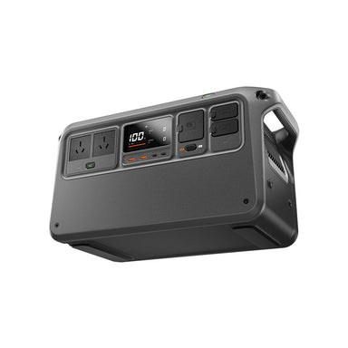 DJI Power 1000 V2 portable power station front angle showing two Australian AC outlets, colour display and ports