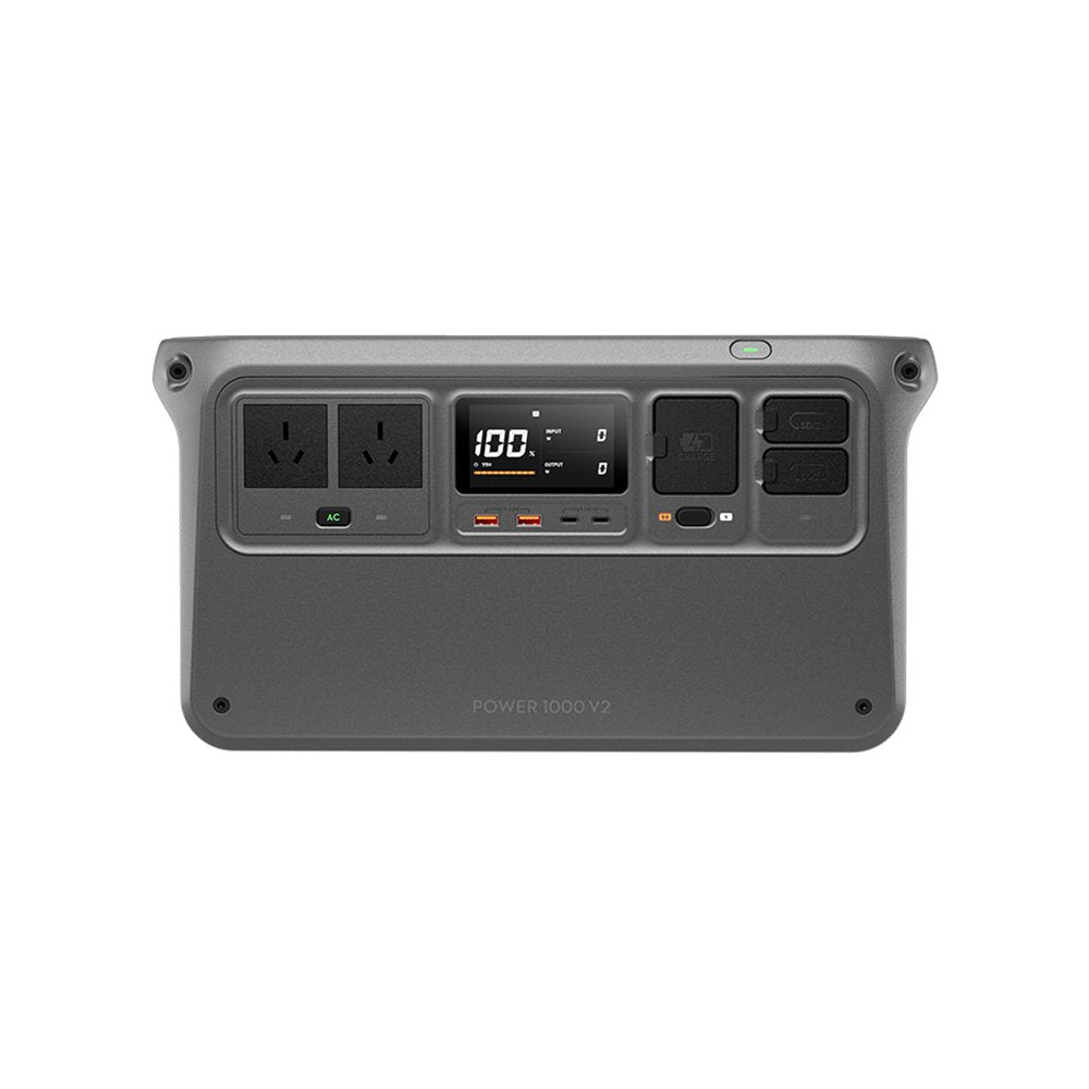 Front view of the DJI Power 1000 V2 with two AU wall sockets, USB-C and USB-A ports