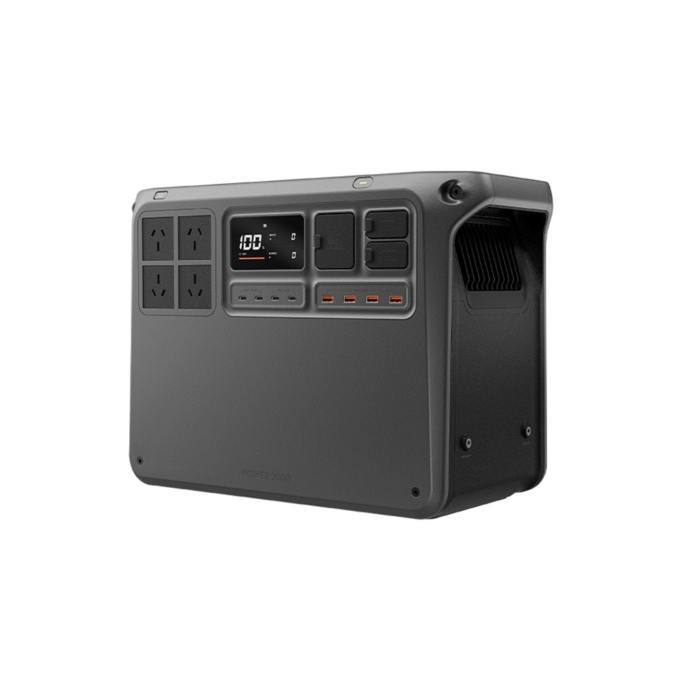 DJI Power 2000 portable power station front angle showing four Australian AC outlets, colour display, USB-C and USB-A ports