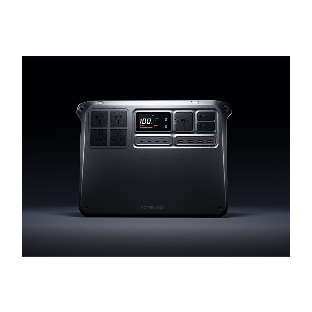 Front view of the DJI Power 2000 with four AU wall sockets, four USB-C ports and four USB-A ports