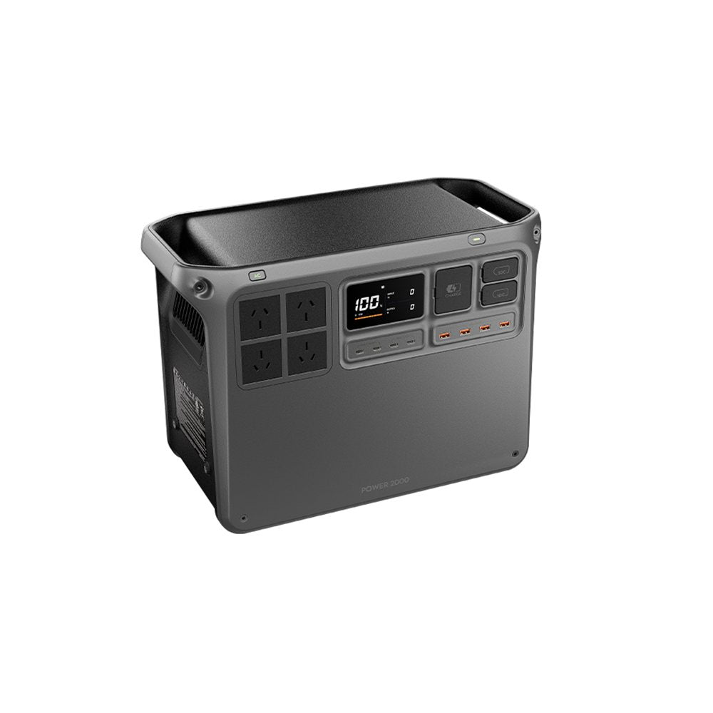 Top-down angled view of the DJI Power 2000 showing the recessed carry handles and full port layout
